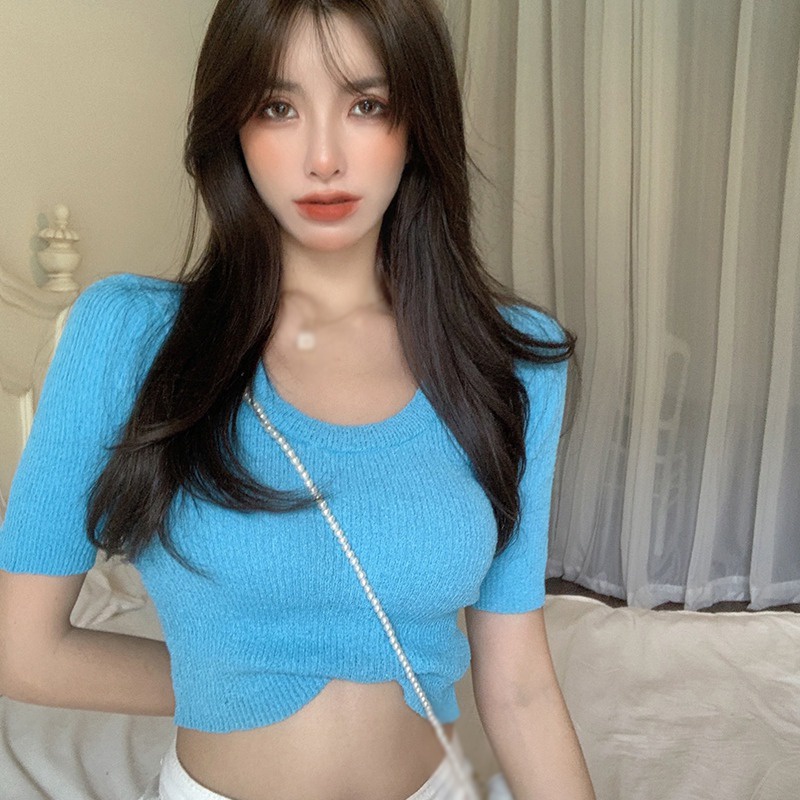 Áo Croptop Dệt Kim Tay Ngắn Cổ Tròn Dáng Ôm Thời Trang Cho Nữ