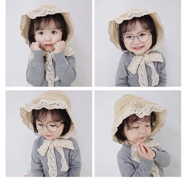 Mũ Sợi Cói Vành Ren Tiểu Thư Cho Bé