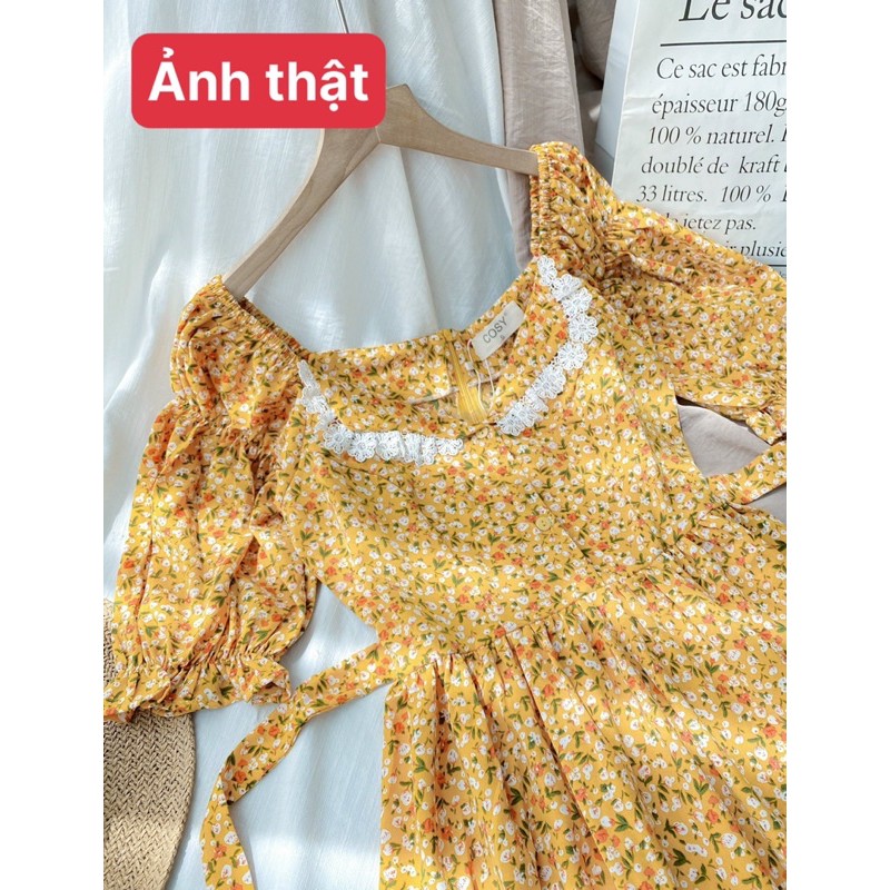 ❤KÈM ẢNH THẬT-ĐẦM MIDI HOA NHÍ VIỀN NGỰC TRẮNG VINTAGE XD