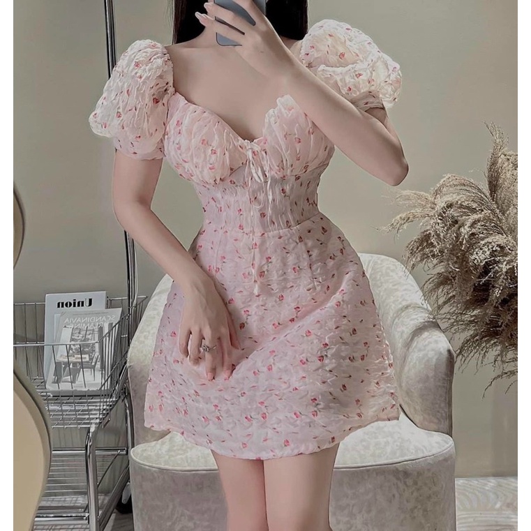 Váy Hoa Nhí Rút Ngực Xinh Xắn Tay Phồng