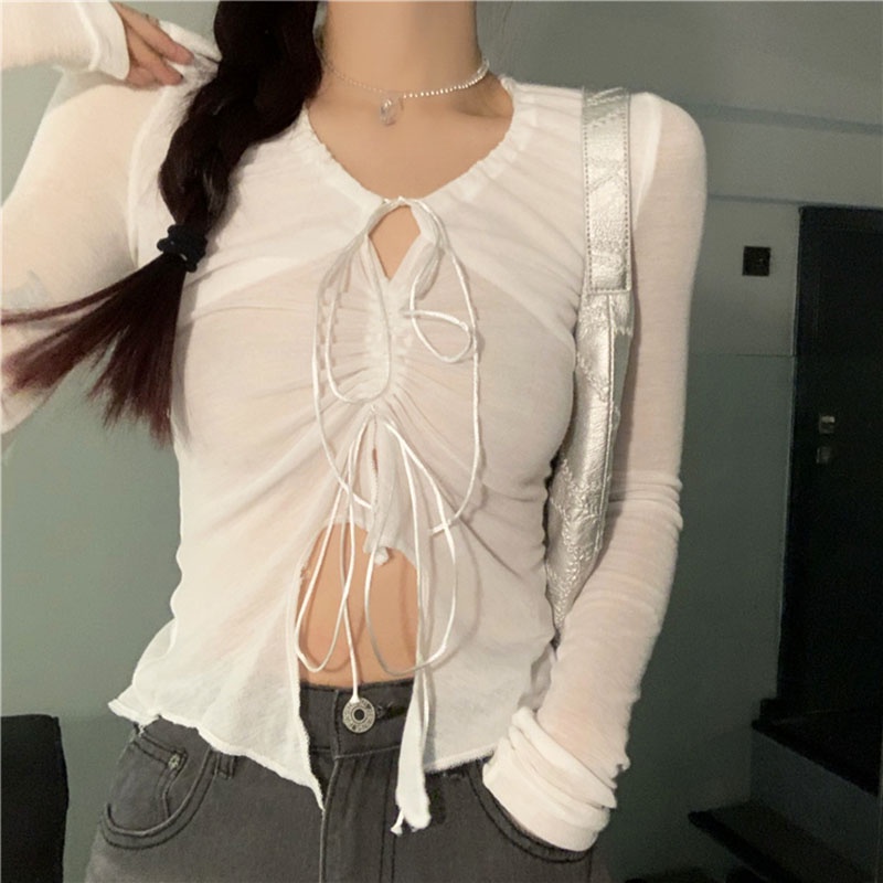 QKOOLE Áo thun croptop  tay dài phong cách Hàn Quốc thời trang cho nữ
