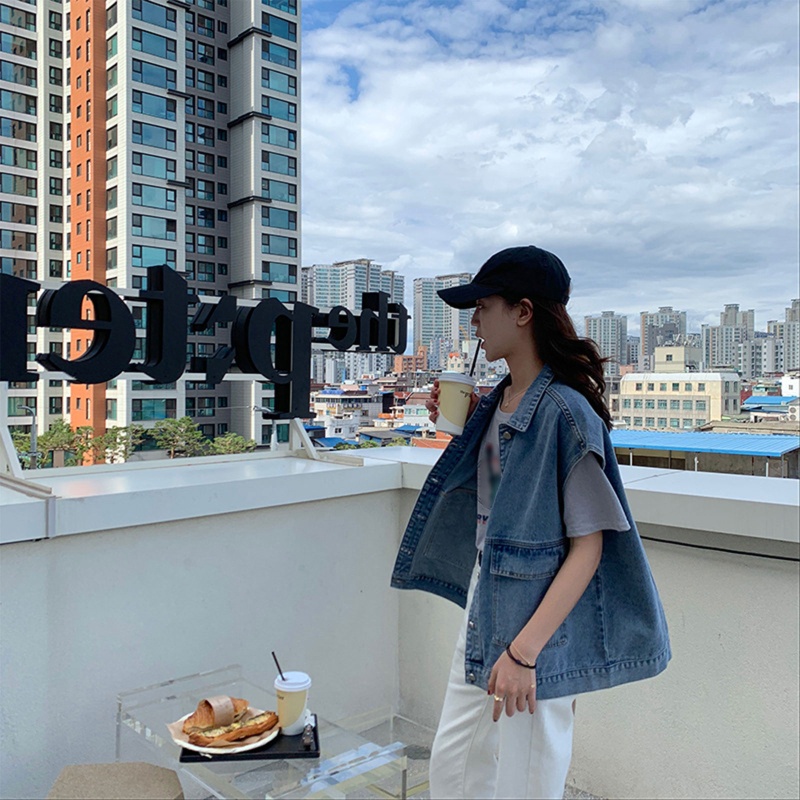 Áo Khoác Jean Không Tay Cài Nút Phong Cách Harajuku Cá Tính Cho Nữ