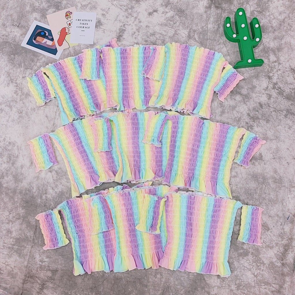 ÁO VOAN CROPTOP ÔM BODY NGẮN CO GIÃN - ÁO KIỂU CRT ULZANG NGẮN TAY BẸT TRỄ VAI CẦU VỒNG RAINBOW 98