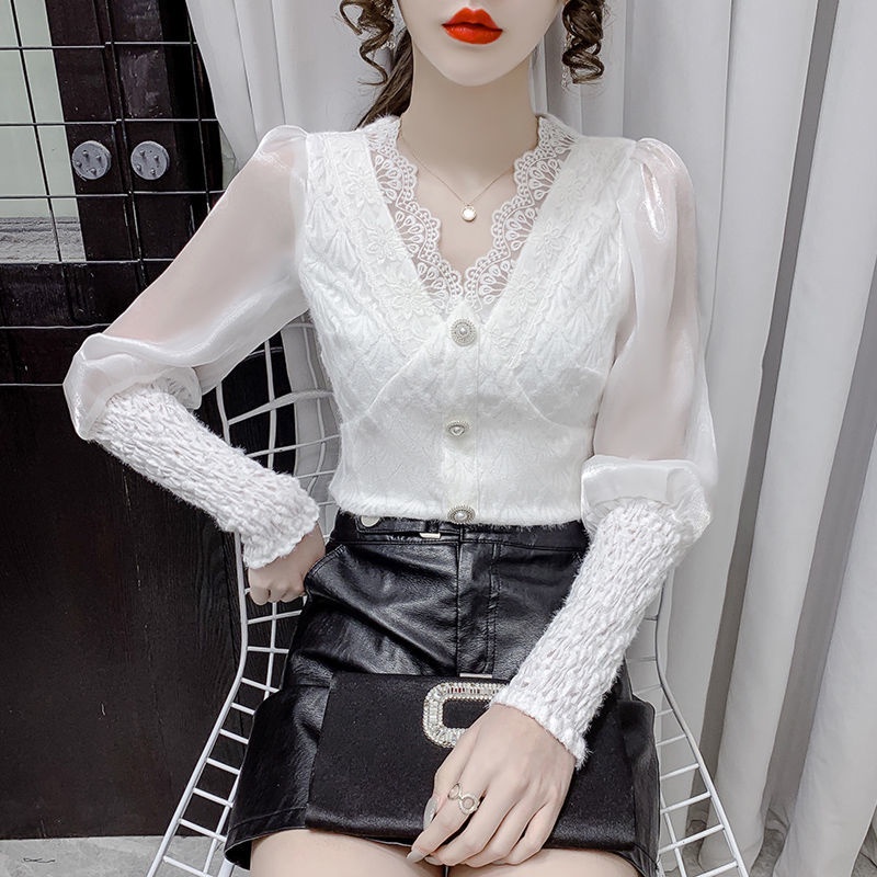 Áo ren cổ chữ V dài tay thời trang mùa thu mới dành cho nữ 2021