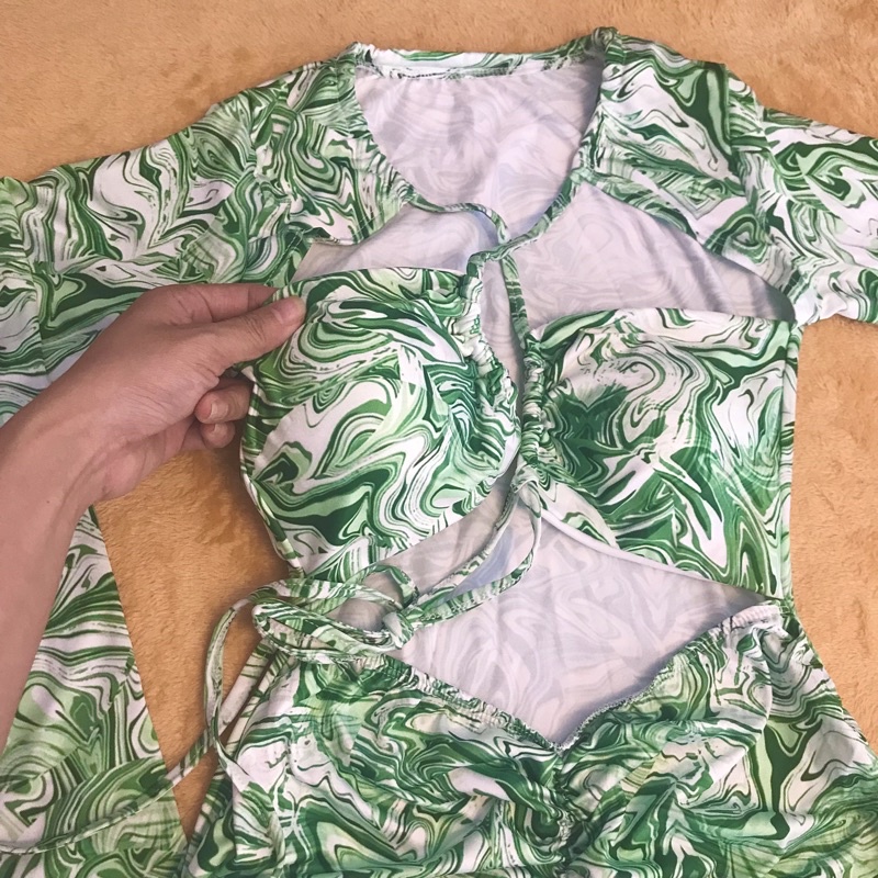 [ CHẤT CAO CẤP] Bikini liền thân tay dày, hoạ tiết loang xanh có quần chíp