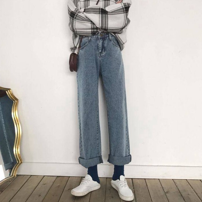 SUXI Quần jean dài ống rộng lưng cao phong cách Hàn Quốc