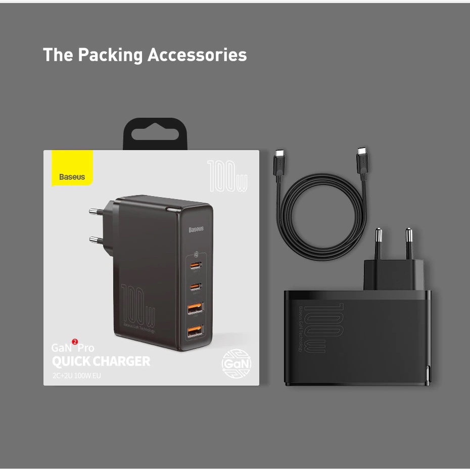 Sạc Nhanh Baseus Gan 2 Pro 100W 4 Cổng(2 USB Type-C Và 2 USB) Sạc Nhanh QC3.0 QC4.0 Cho Laptop, Table, Iphone, Samsung