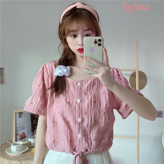 áo kiểu tay ngắn cổ vuông rút eo