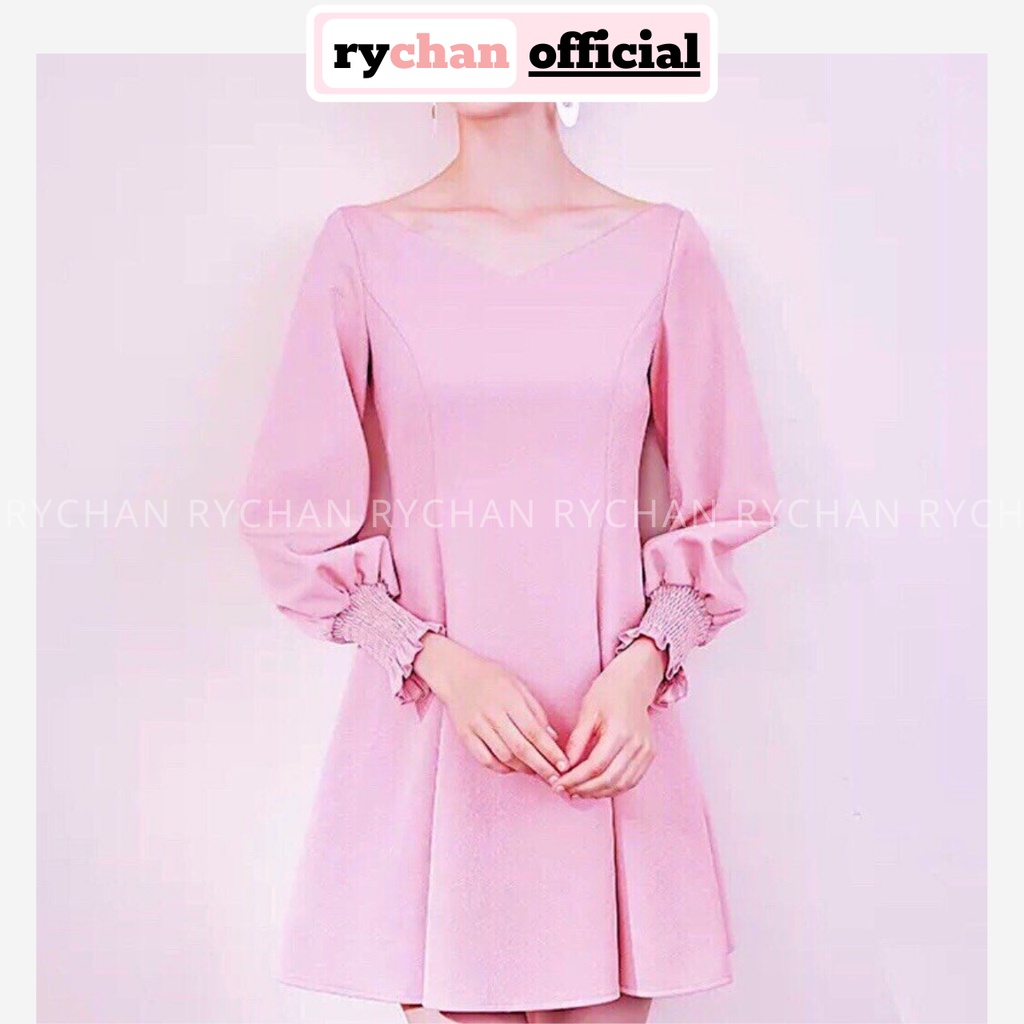 Đầm Công Sở Cổ V Tay Dài Thanh Lịch, Váy Nữ Dạo Phố Xem Phim Hẹn Hò Form Xòe Đáng Yêu Màu Hồng [ẢNH THẬT CUỐI] - DX9762