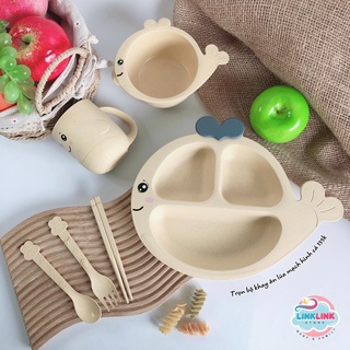 Set khay ăn dặm lúa mạch, bát ăn dặm, cốc uống nước, đũa thìa dĩa hình cá voi xinh xắn - Ăn dặm LINKLINK STORE