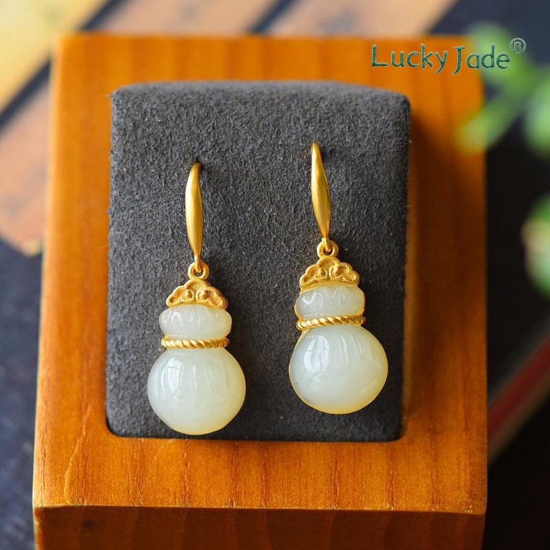 Bông Tai Mạ Vàng 18K Đính Ngọc Bích Trắng Phong Cách Trung Quốc