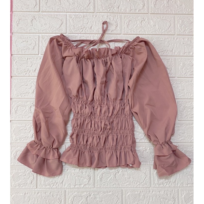 Áo kiểu nhún bo eo kèm dây cột nơ, vải voan đẹp