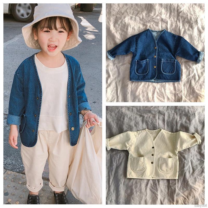 1-6Y Baby Boys Girls Jacket &amp; Coat Denim V-neck Fashion Loose Simple Wild With Pockets