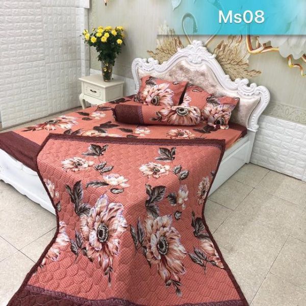 Bộ Ga Và 2 Vỏ Gối Cotton Poly Mẫu HOA TRÀ NÂU Phong Cách Hàn Quốc PR016