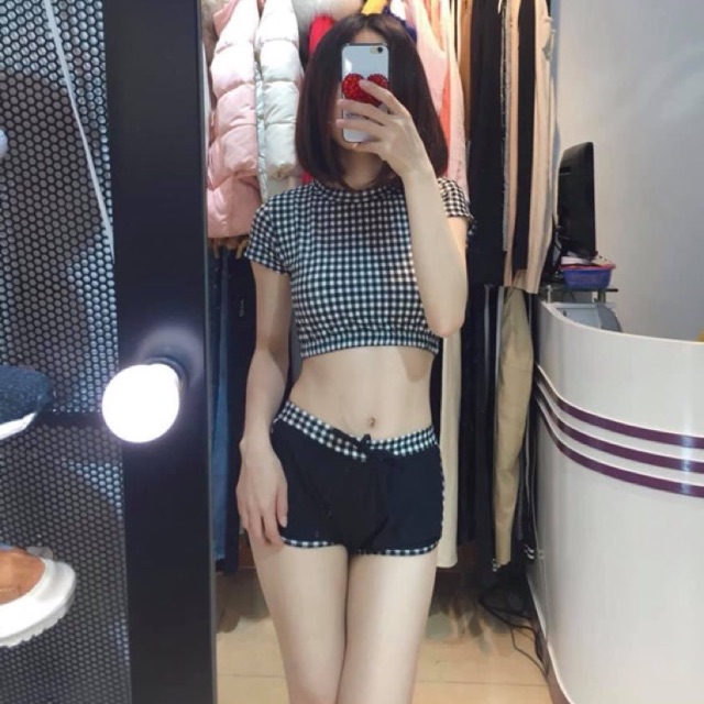 Đồ bơi bikini cặp thun lạnh caro nữ tay ngắn