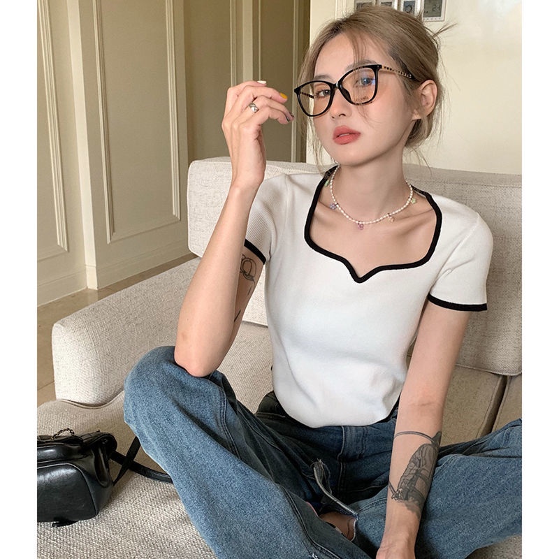 COZOK Áo Thun Dệt Kim Tay Ngắn Dáng Ôm Cổ Vuông Thời Trang