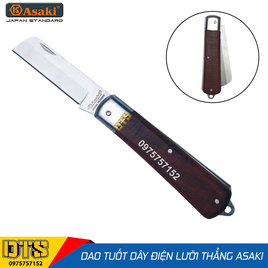 Dao tuốt dây điện lưỡi thẳng Asaki AK-8600, dao rọc cáp, gọt vỏ dây điện, thép không gỉ, cán dao ốp gỗ đỏ