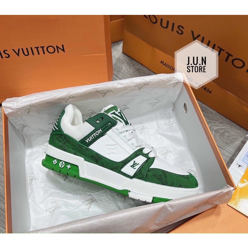 GIÀY L.V TRAINER SNEAKER GREEN WHITE LAI AU