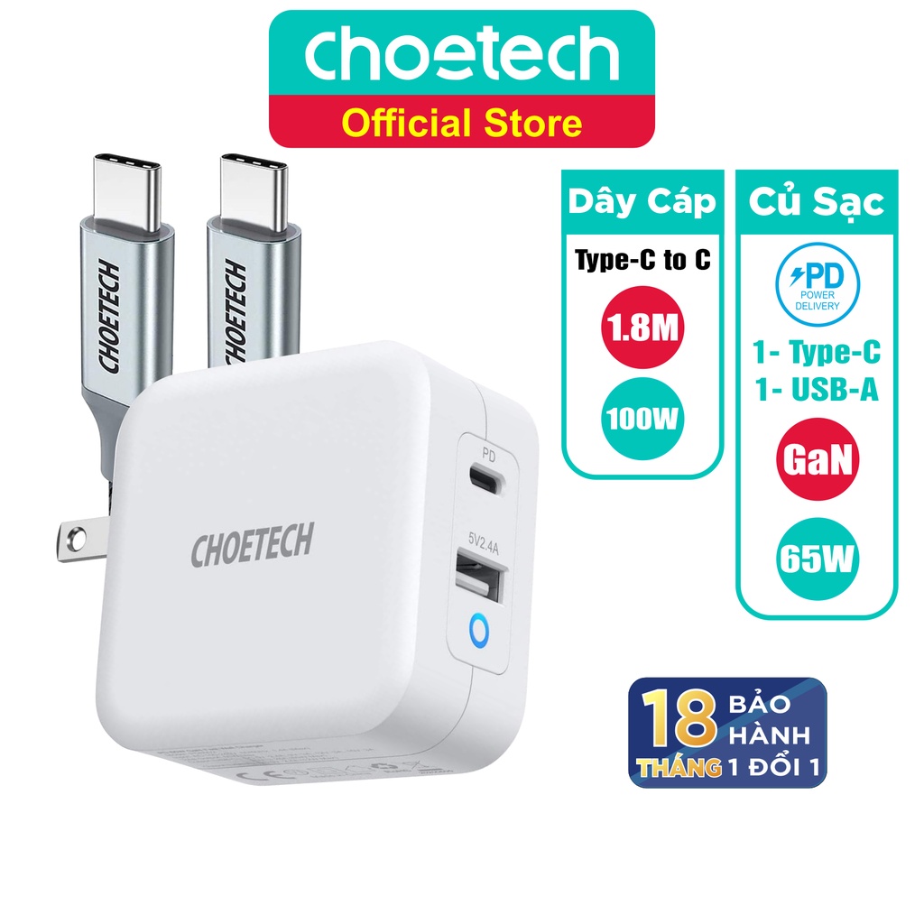 Bộ Củ Sạc Điện Thoại,Laptop, Macbook 65W CHOETECH PD8002 GaN Tech + Type C to C 100W 1.8M XCC-1002-GY - Hàng Chính Hãng