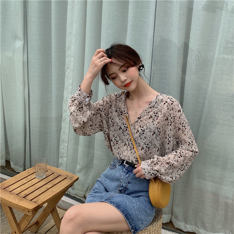 Áo kiểu cổ chữ V họa tiết hoa thời trang phong cách retro