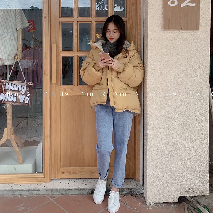 Áo phao nữ Hàn Quốc MIN19 áo khoác form rộng siêu nhẹ dáng dài chùm mông vải kaki chống nước màu vàng hồng thời trang | BigBuy360 - bigbuy360.vn