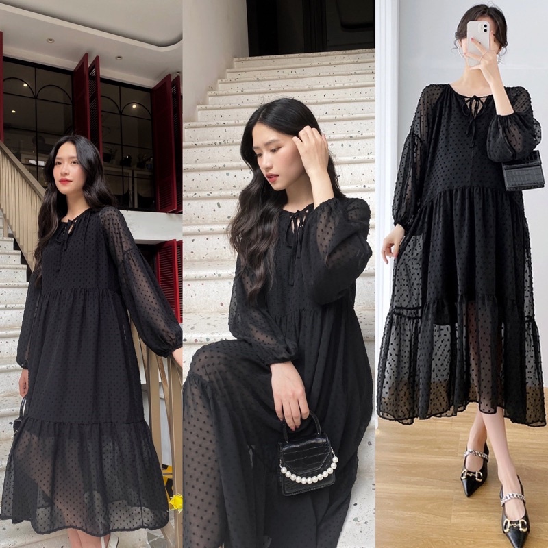 Đầm Voan Chấm Nổi Dáng Tầng Thắt Nơ Phom Suông Dài Dáng Oversize Suông Rộng Bầu Bí Mặc Thoái Mái
