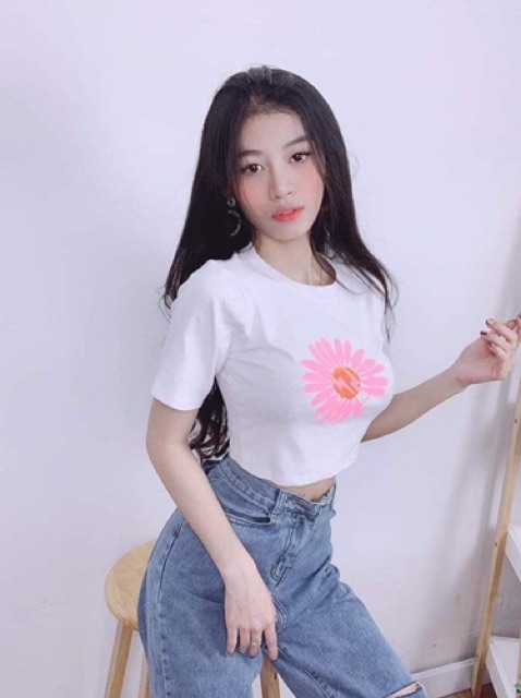 Áo Croptop in hoa cúc vải cotton 100% (ct)