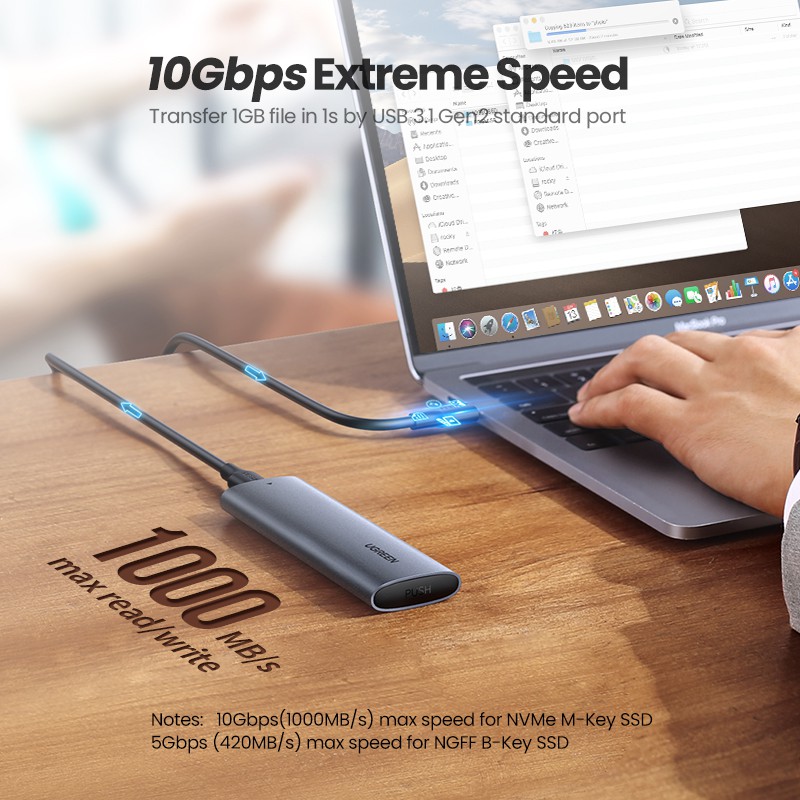 Ổ cứng gắn ngoài UGREEN NVMe M2 SSD 10Gbps cho PCIe SATA sang USB SSD M-Key M2