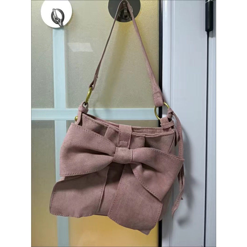 ORDER♥️Túi Xách Da Lộn Hồng Nơ(ảnh thật)Pink , Màu Hường,Size 20cm