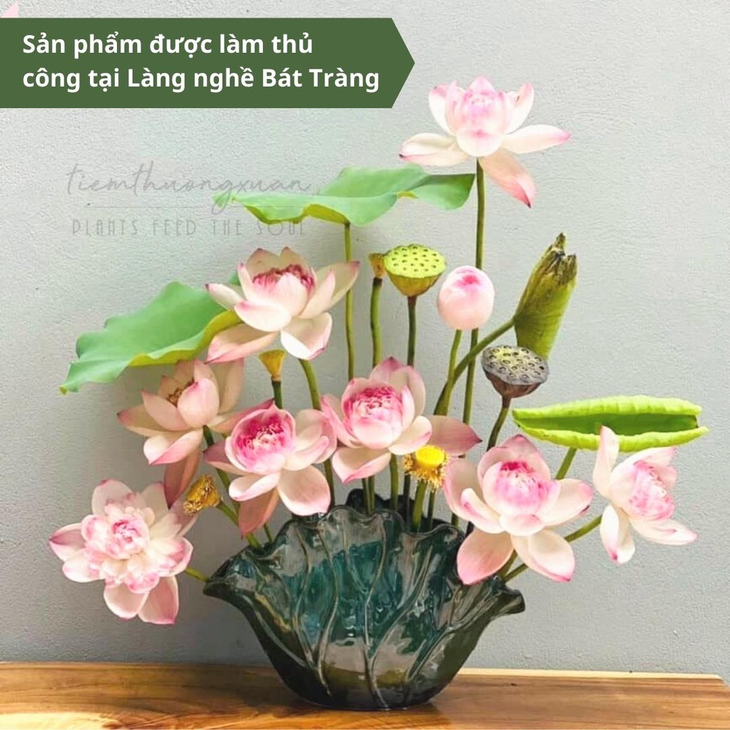 Lọ hoa gốm sứ Bát Tràng - Bình lá sen - Lọ cắm sen, cắm hoa  - Bình hoa gốm decor cao cấp - Tặng kèm miếng định hình