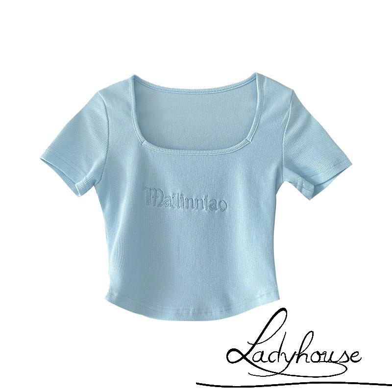 Áo Croptop Dệt Kim Tay Ngắn Cổ Vuông Thêu Chữ Thời Trang Mùa Hè Cho Nữ