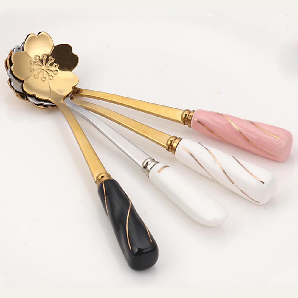 Muỗng thép không gỉ đầu gốm thiết kế hình hoa hồng đa năng tiện lợi