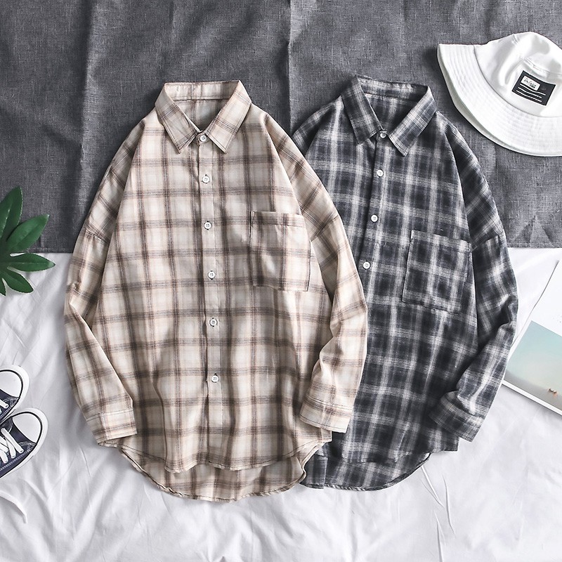 Áo Sơ Mi Dáng Rộng Tay Dài Hoạ Tiết Caro Phong Cách Hàn Quốc Trẻ Trung Cho Nam
