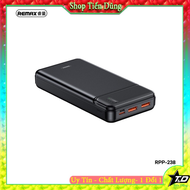 Pin sạc dự phòng 20000mAh 22.5w QC + PD remax RPP 238 có 2 cổng USB