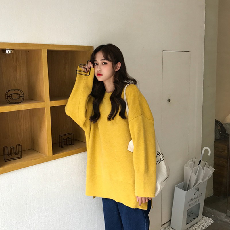 Áo len nữ form rộng xẻ vạt màu Vintage