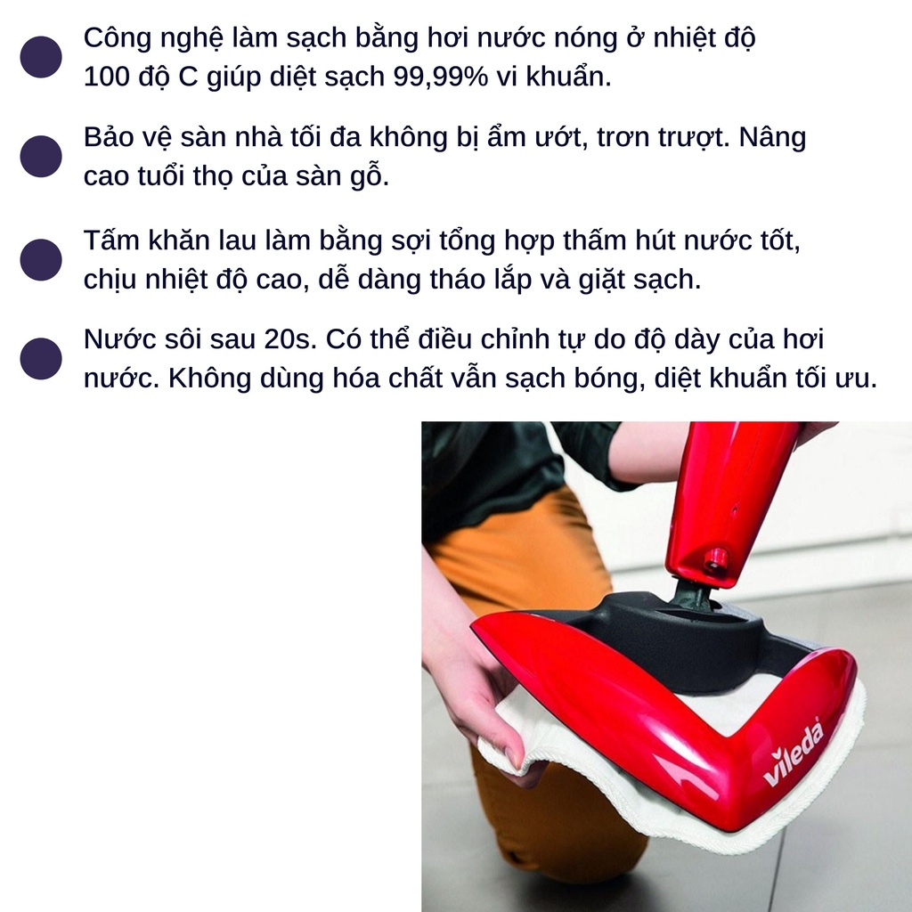 Cây lau nhà hơi nước khử khuẩn VILEDA bản tam giác [Hàng Đức Chính hãng]