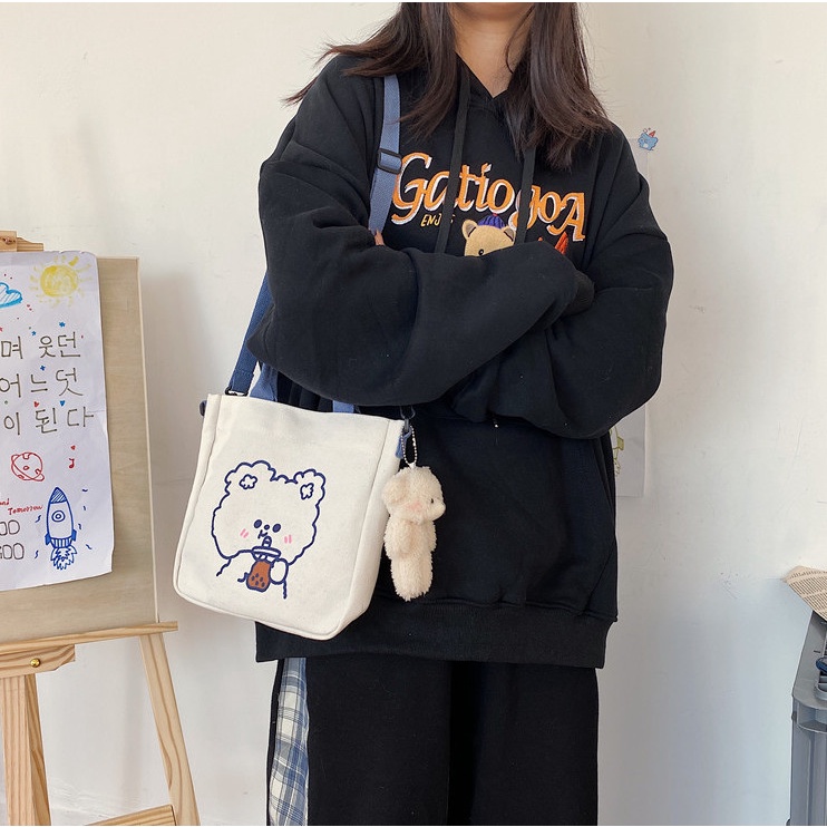 Túi tote đeo chéo vải canvas cao cấp gấu thỏ cute để vừa sách vở đi học đi chơi cho học sinh