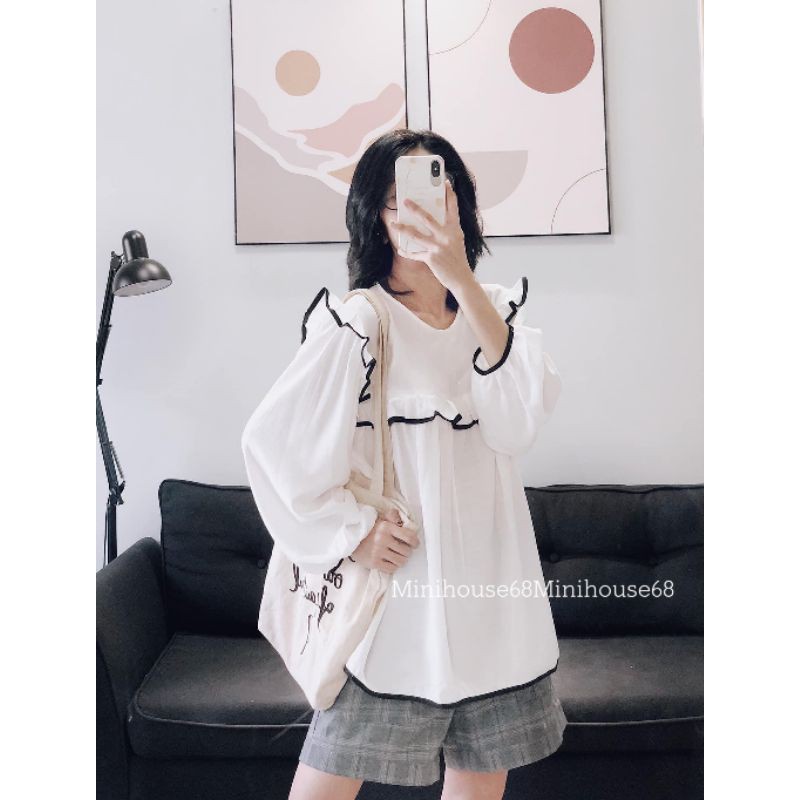 ÁO BBD TRẮNG TAY DÀI BÈO VIỀN ĐEN - ÁO KIỂU CÔNG SỞ NỮ (Ảnh thật shop chụp & clip cận chất vải) | BigBuy360 - bigbuy360.vn