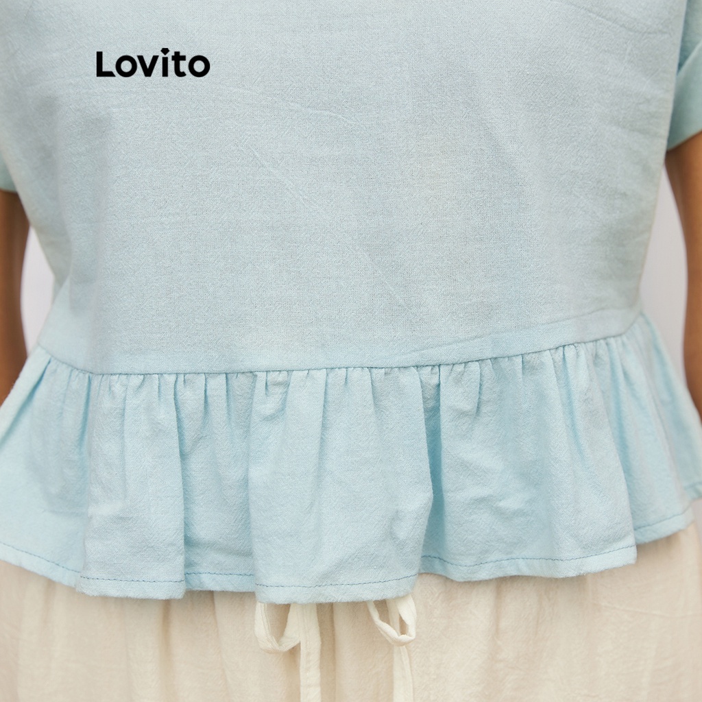 Áo kiểu Lovito viền ren tay ngắn cổ tròn màu trơn đáng yêu L19D093 (Màu xanh dương)