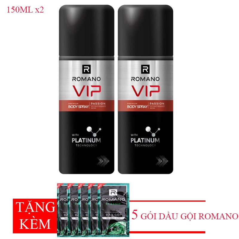 Romano: Combo 2 chai xịt khử mùi toàn thân cho Nam Romano VIP+Tặng 5 gói dầu gội