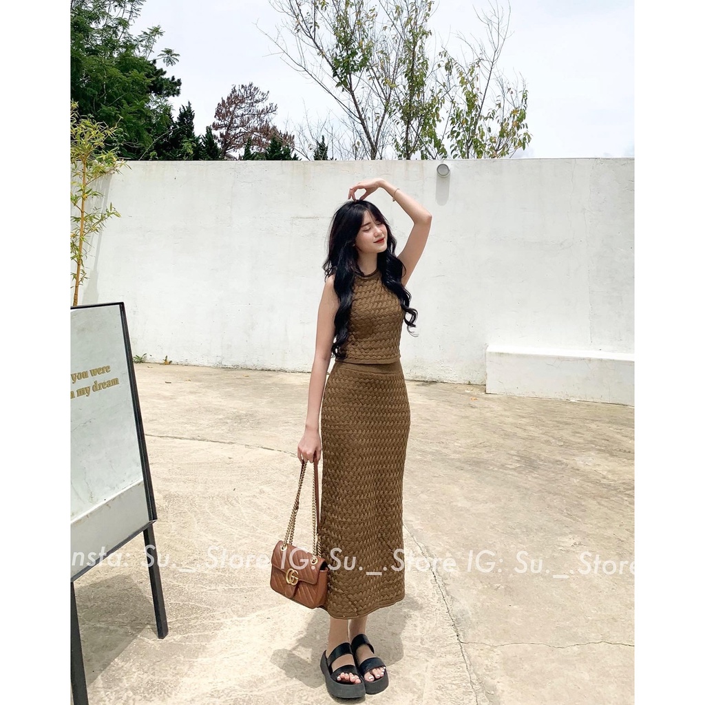 Set áo len thừng sát vai dây buộc kèm chân váy dáng dài S404 SUSTORE
