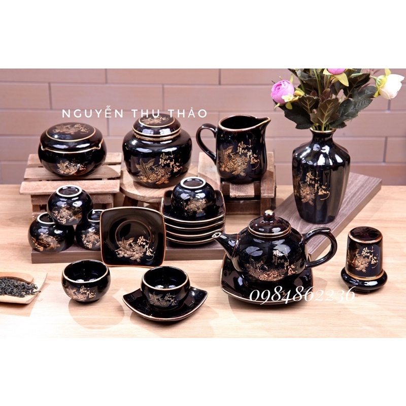 Bộ ấm chén vẽ cảnh vàng kim Bát Tràng - Bộ ấm trà đẹp