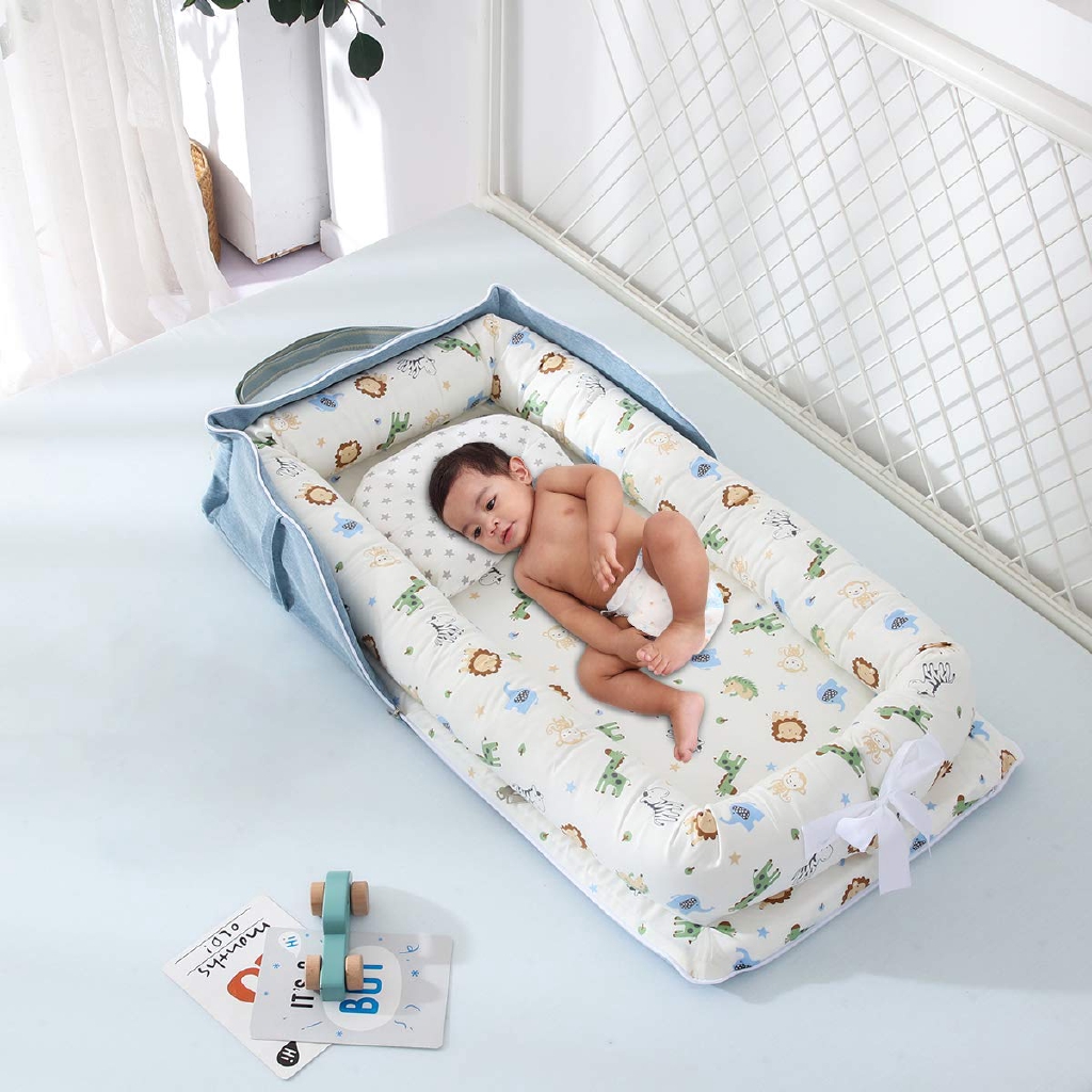 Nôi Em Bé Vải Cotton Mềm Mịn Có Rào Chắn Bảo Vệ Em Bé Không Bị Lăn Có Thể Gấp Gọn Mang Đi Du Lịch Tiện Lợi