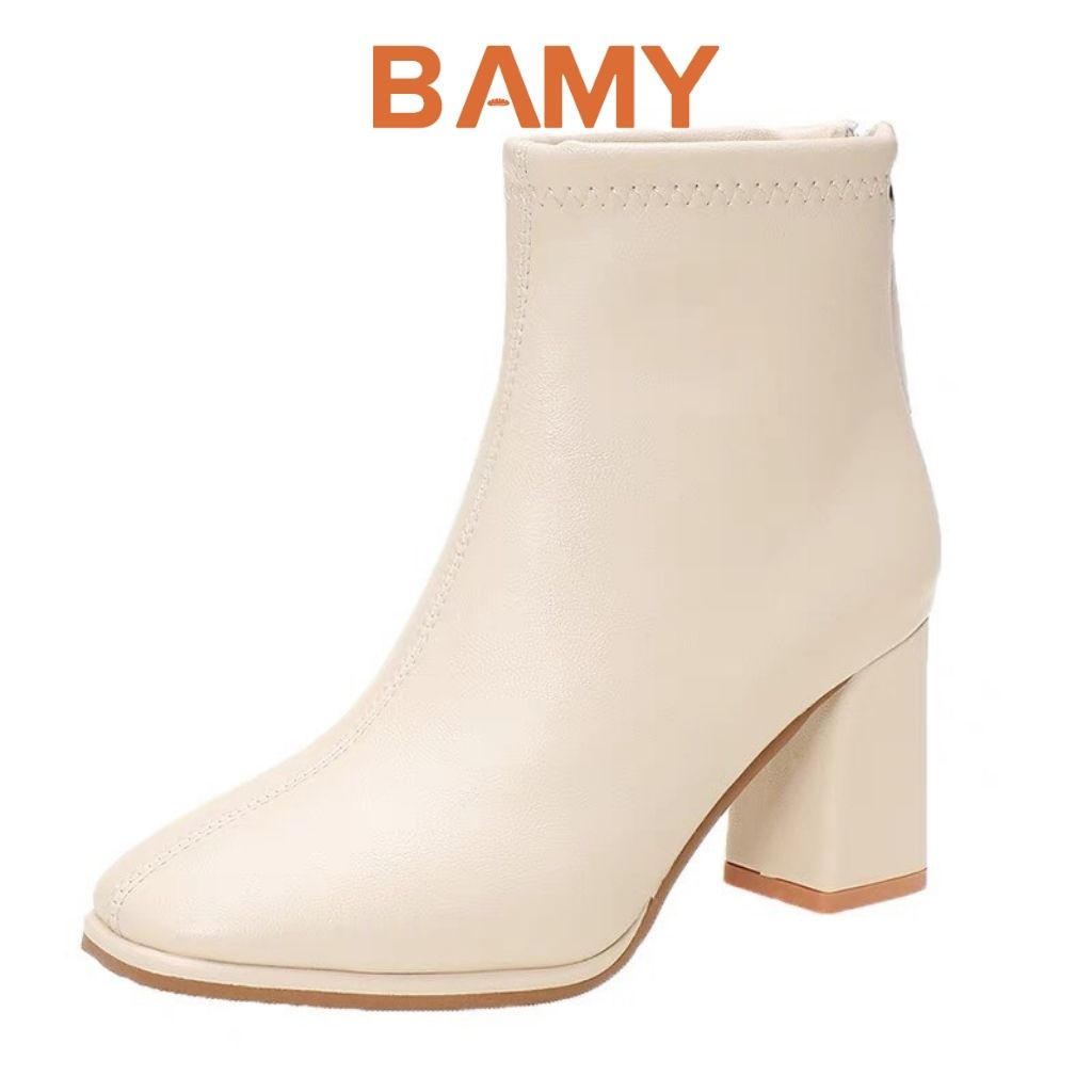 Bốt nữ da mềm Cao Cấp cổ cao khóa sau BAMY , giày boots ulzzang mũi vuông gót vuông 5 phân