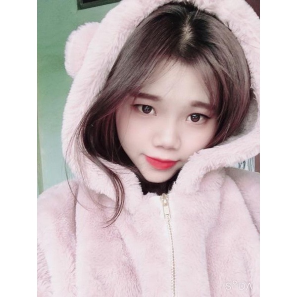 Áo khoác lông gấu hồng nữ khóa kéo, áo khoác lông tai gấu mùa đông siêu ấm  chất lông mượt .màu hồng