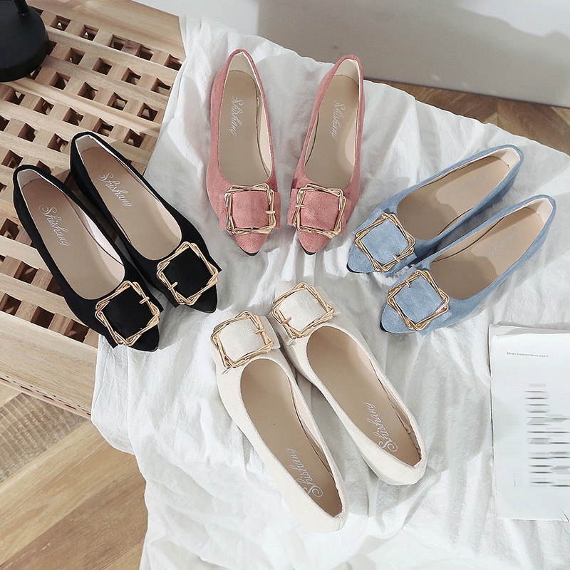 Giày Búp Bê Đế Mềm Mũi Nhọn Phối Khóa Kim Loại Thời Trang Cho Nữ