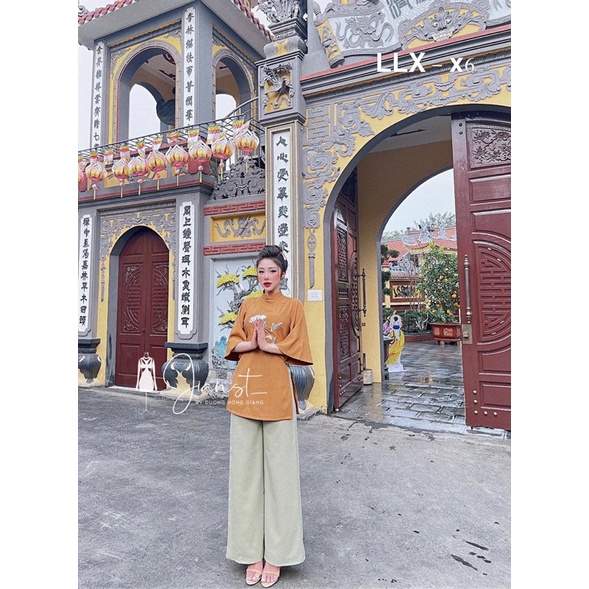 Bộ Phật Tử Tay Lỡ Quần Xuông Có 3 Màu Nâu, Vàng, Đỏ Hoa Thêu Trên Áo Cực Xinh Nhẹ Nhàng Chất Đẹp
