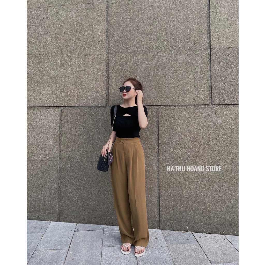Set len tăm cổ chéo mix quần suông áo hở ngực DN100
