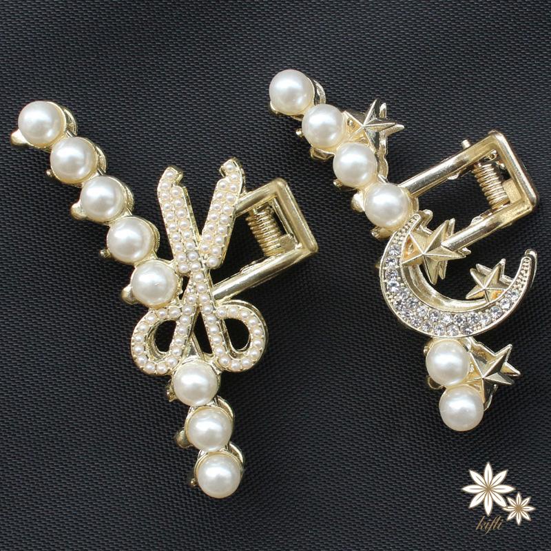 【kifli】Kẹp Tóc Móng Vuốt Hình Cây Kéo Đính Đá Ngọc Trai Dễ Thương Thời Trang Hàn Quốc Cho Nữ Hai