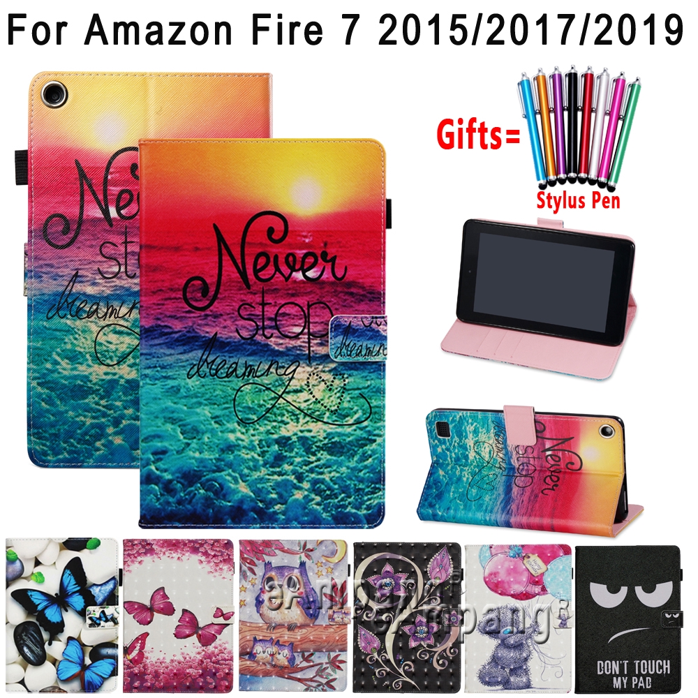 Smart Case for Amazon Fire 7 2015 2017 2019 Fashion Painted Soft Shockproof Stand Flip Cover Tablet Shell